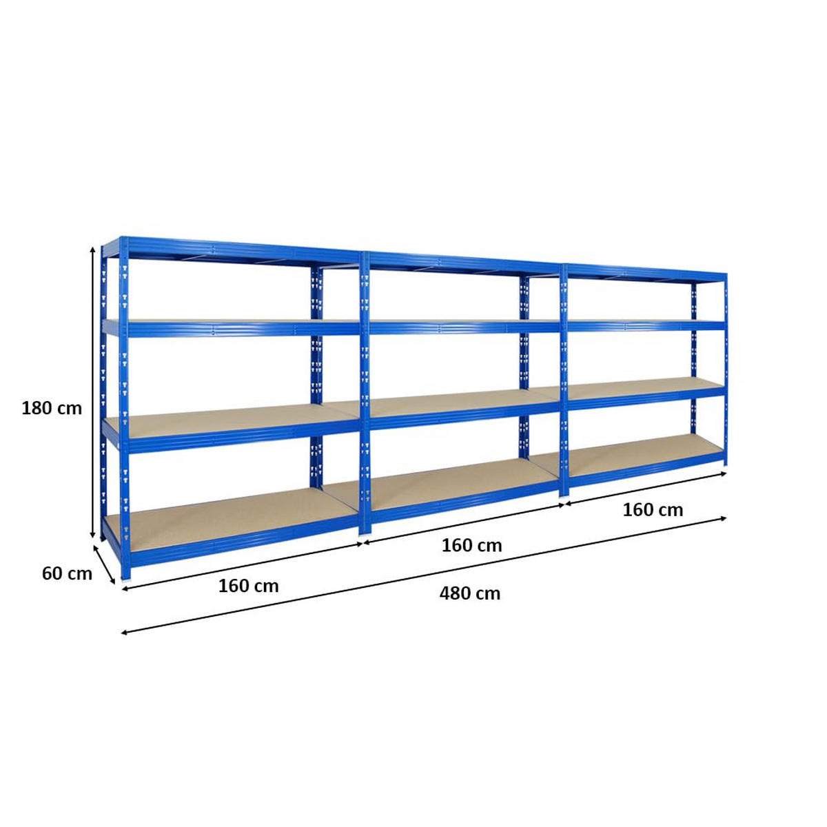 SCHWERLASTREGAL Rhino 3er-Set mit 3x 180x160x60 cm 4 Spanplatten-Ebenen 8mm Fachlast 500 kg Blau - Blau, Metall (480/180/60cm) - PROREGAL