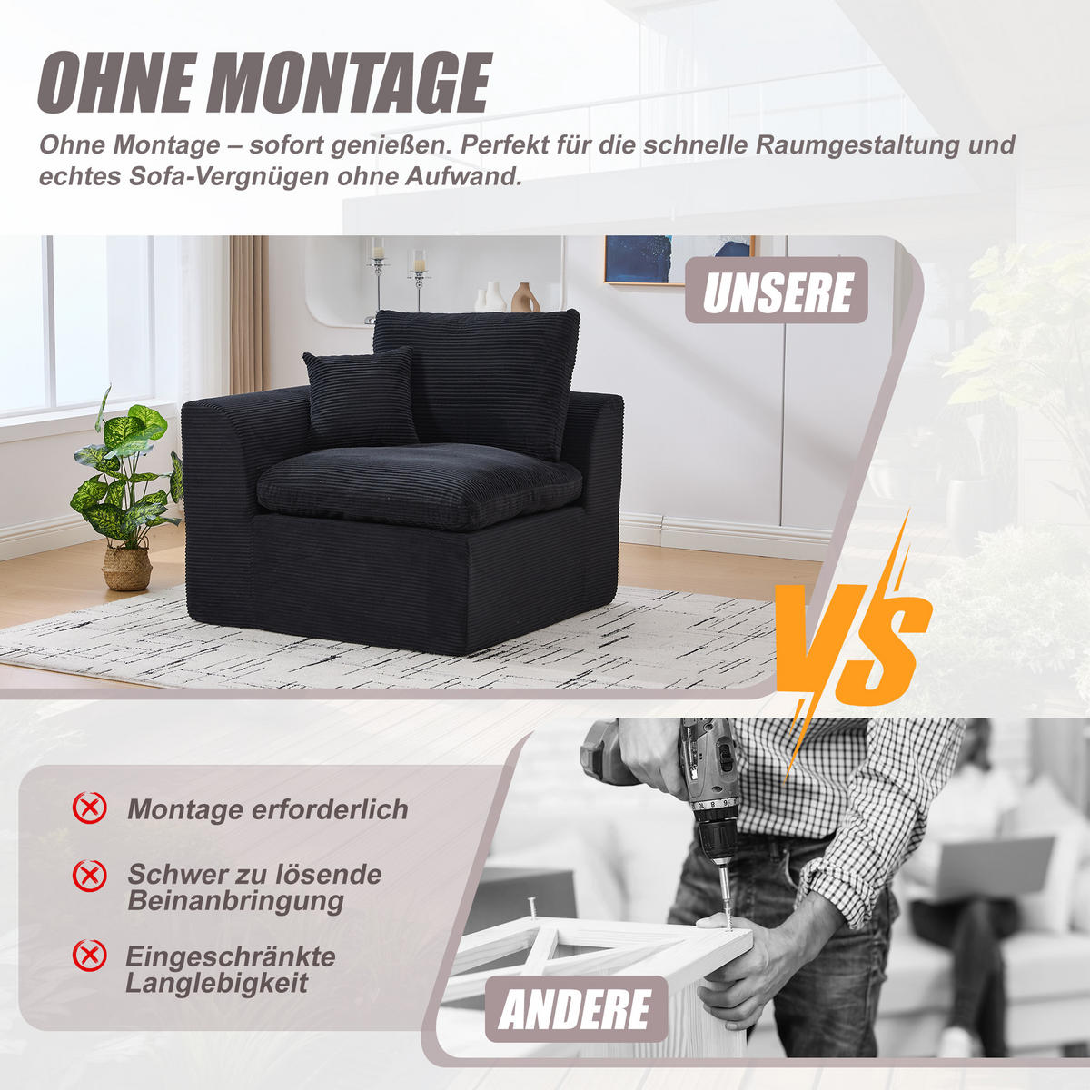 SESSEL Cord-Sofa mit Federkern-Polsterung und Kissen, Montagefrei - Schwarz, Textil (101/84/102cm) - Urban Meuble