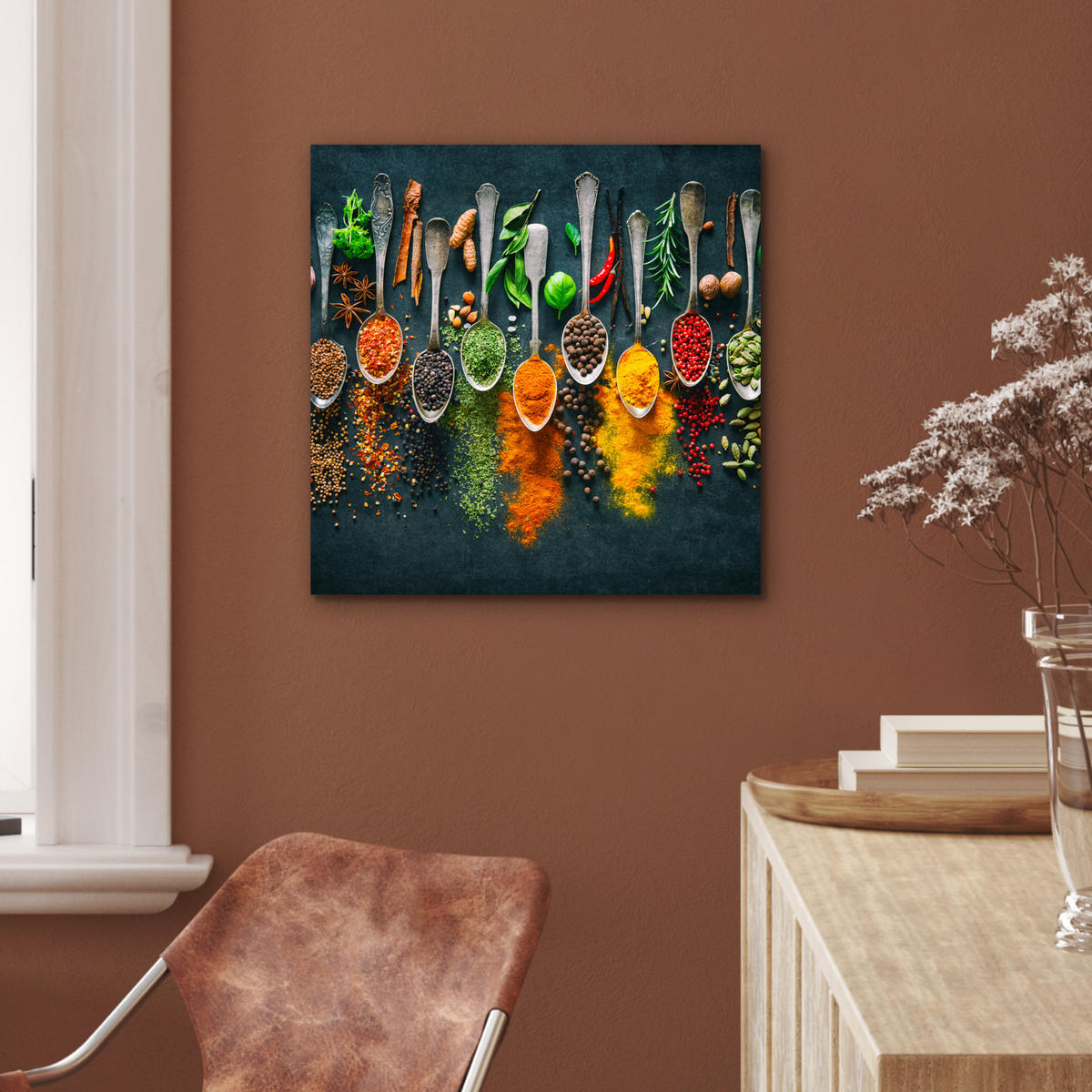 KOVOVÝ OBRAZ Bylinky - korenie - lyžičky 50x50 cm - kari žltá, kov (50/50cm) - MuchoWow