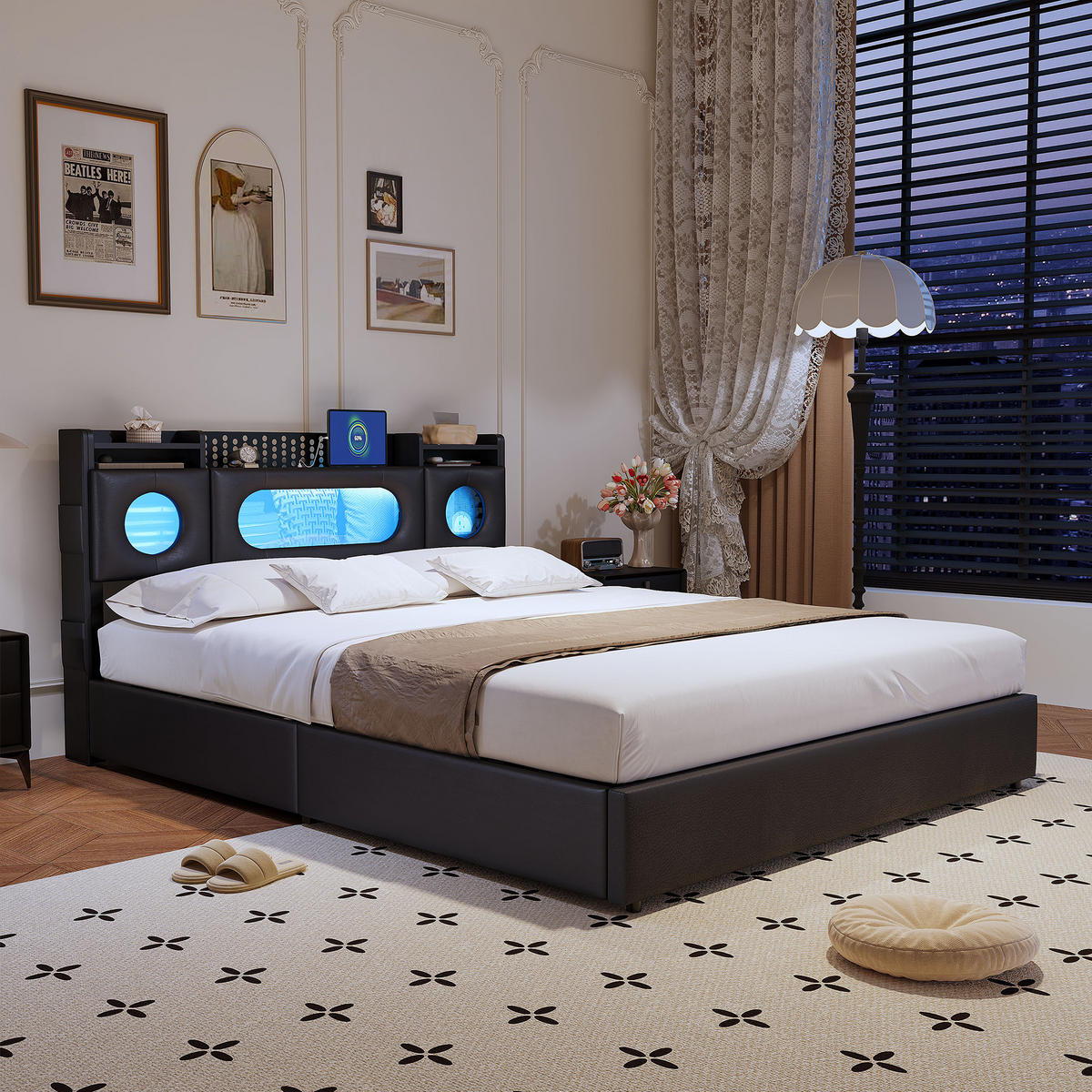 POLSTERBETT 160x200 cm LED USB Lattenrost Stauraum PU schwarz - Schwarz, Holz (160/200cm) - LEBENLANG