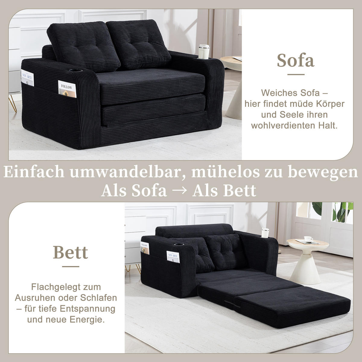 SCHLAFSOFA in Schwarz Cord mit Getränkehalter und Seitentaschen - Schwarz, Textil (136/82.5/80cm) - Oxeza