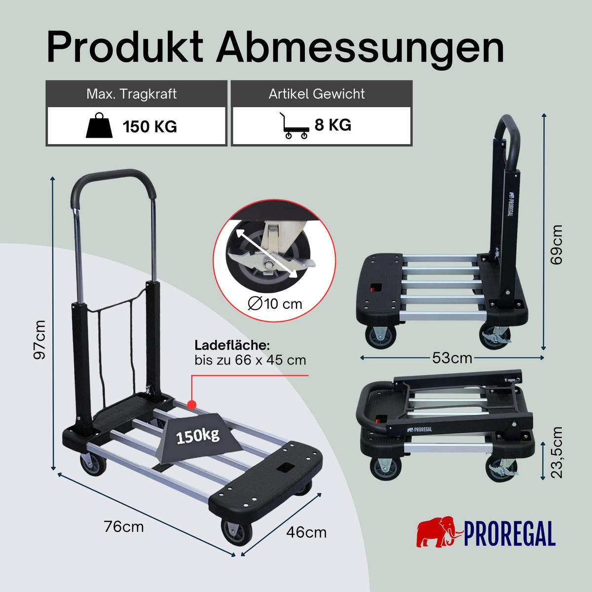 TRANSPORTWAGEN Taurus klappbar 150 97x46x76cm Traglast 150kg - Silberfarben, Metall (76/46/97cm) - PROREGAL