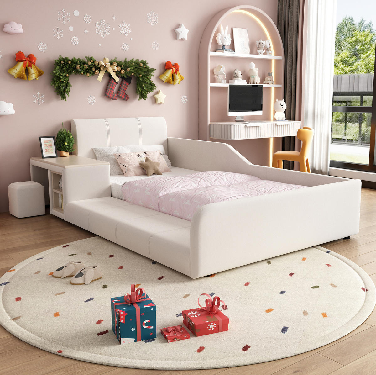 POLSTERBETT 90/200 cm Weiß aus Samt mit Schreibtisch und Hocker - Weiß, Textil (90/200cm) - OKMYHOME