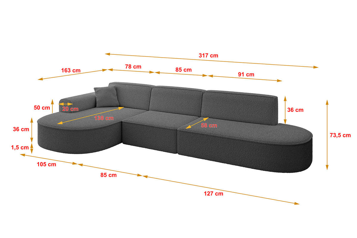 ECKSOFA Ottomane Links MARI-L2 - 317x163x73,5 cm Grau Bouclé - Schwarz/Grau, Holzwerkstoff/Kunststoff (165/321cm) - ALTDECOR