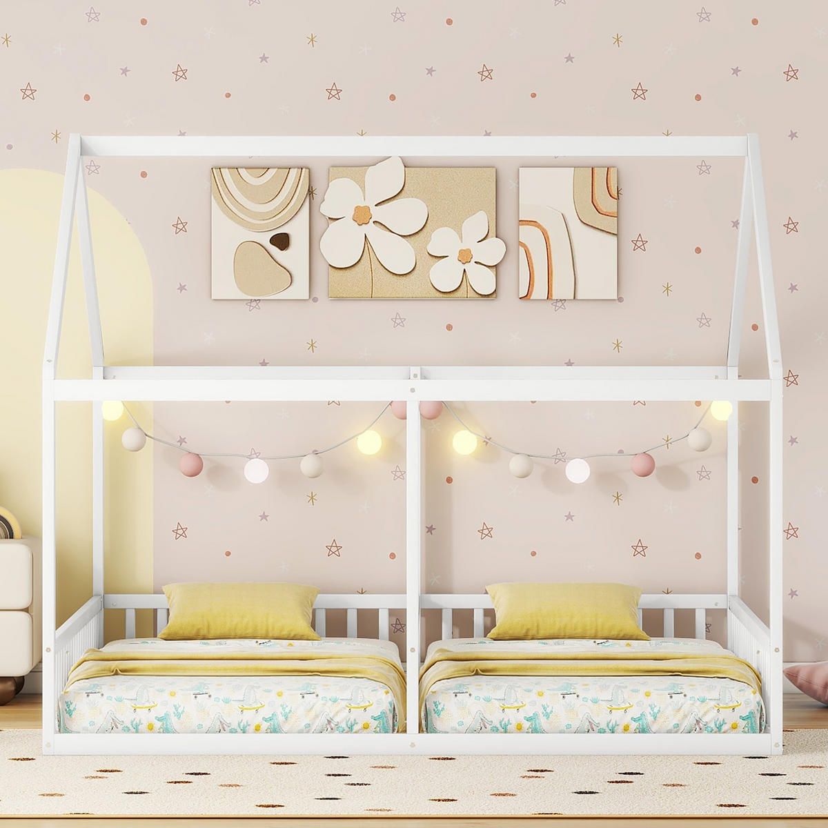HAUSBETT 90/200 cm in Weiß, 2-in-1-Design mit Schutzgitter - Weiß, Holz (90/200cm) - Flora Grace
