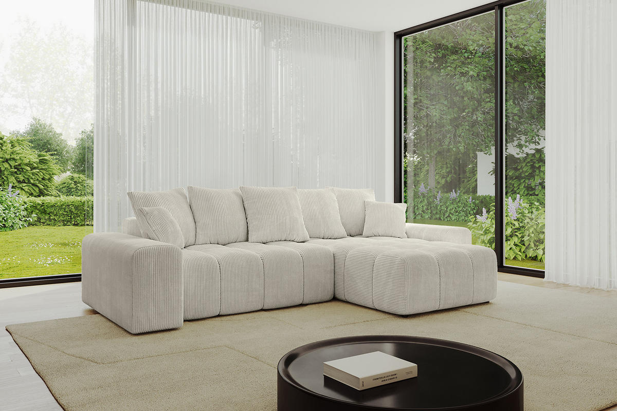 ECKSOFA Ottomane rechts ENIL-L 297x189x68 Hellgrau Cord - Ecru, Holzwerkstoff/Kunststoff (189/297cm) - ALTDECOR