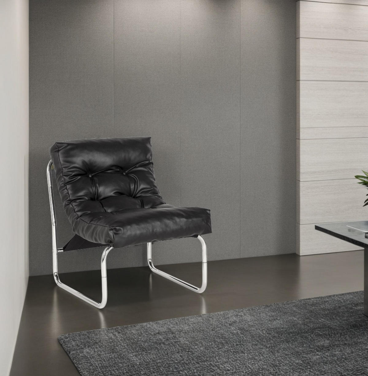 CLUBSESSEL mit Chromkufen im Retro-Stil, modular verbindbar, Schwarz 73x60x76 cm - Silberfarben/Schwarz, Textil/Metall (60/76/71cm) - KADIMA DESIGN