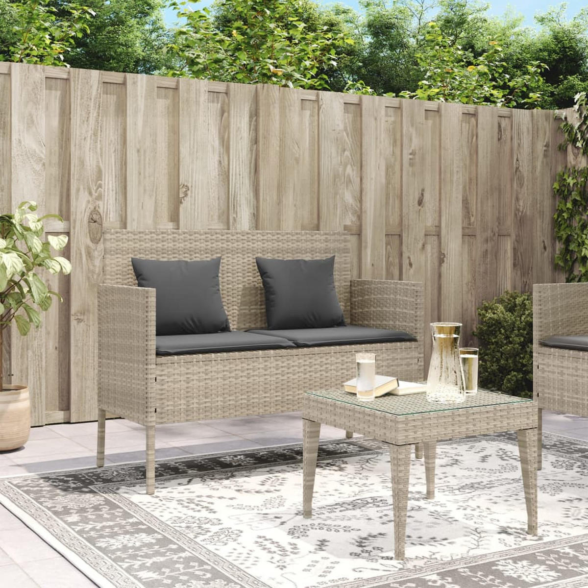 GARTENBANK mit Kissen Hellgrau Poly Rattan - Graubraun/Grau, Kunststoff (113/87/61cm) - furnicato