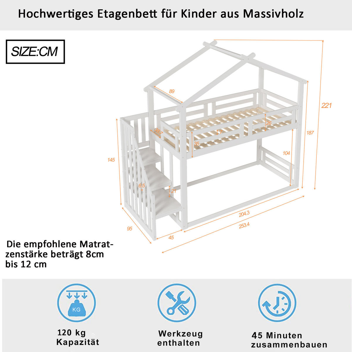 ETAGENBETT 90/200 cm weiß mit Sicherheitsleiter aus massivem Kiefernholz - Weiß, Holz (90/200cm) - OKWISH