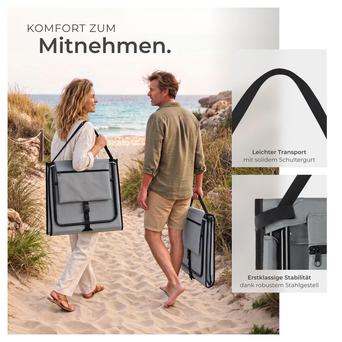 STRANDMATTE 2er Set Mina, inkl. Aufbewahrungstasche, grau/blau - Blau/Grau, Textil (52.5/1.7/157cm) - tectake