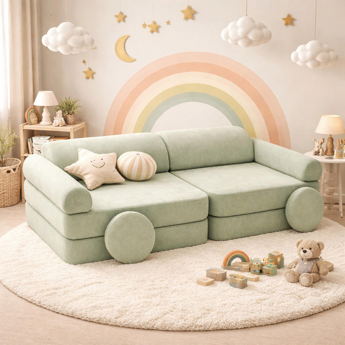 MODULARES Kindersofa aus Schaumstoff – weiches 4-in-1 Spielsofa für Kinderzimmer - Olivgrün, Textil (160/50/76cm) - Bees & Blooms