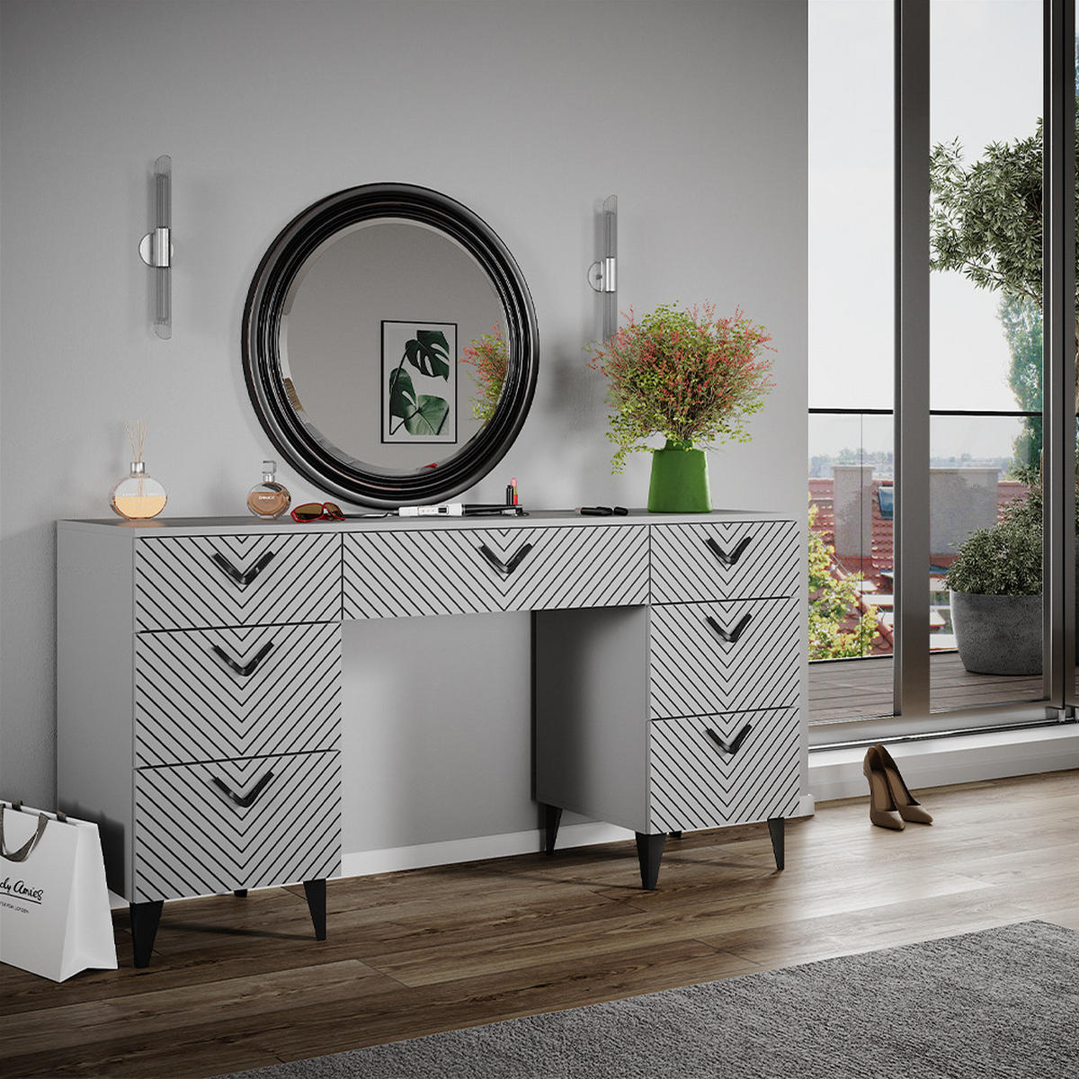 SCHMINKTISCH Anett Grau 150 cm ohne Spiegel, mit 7 Schubladen - Grau, Holzwerkstoff (45/150/78.1cm) - Vicco
