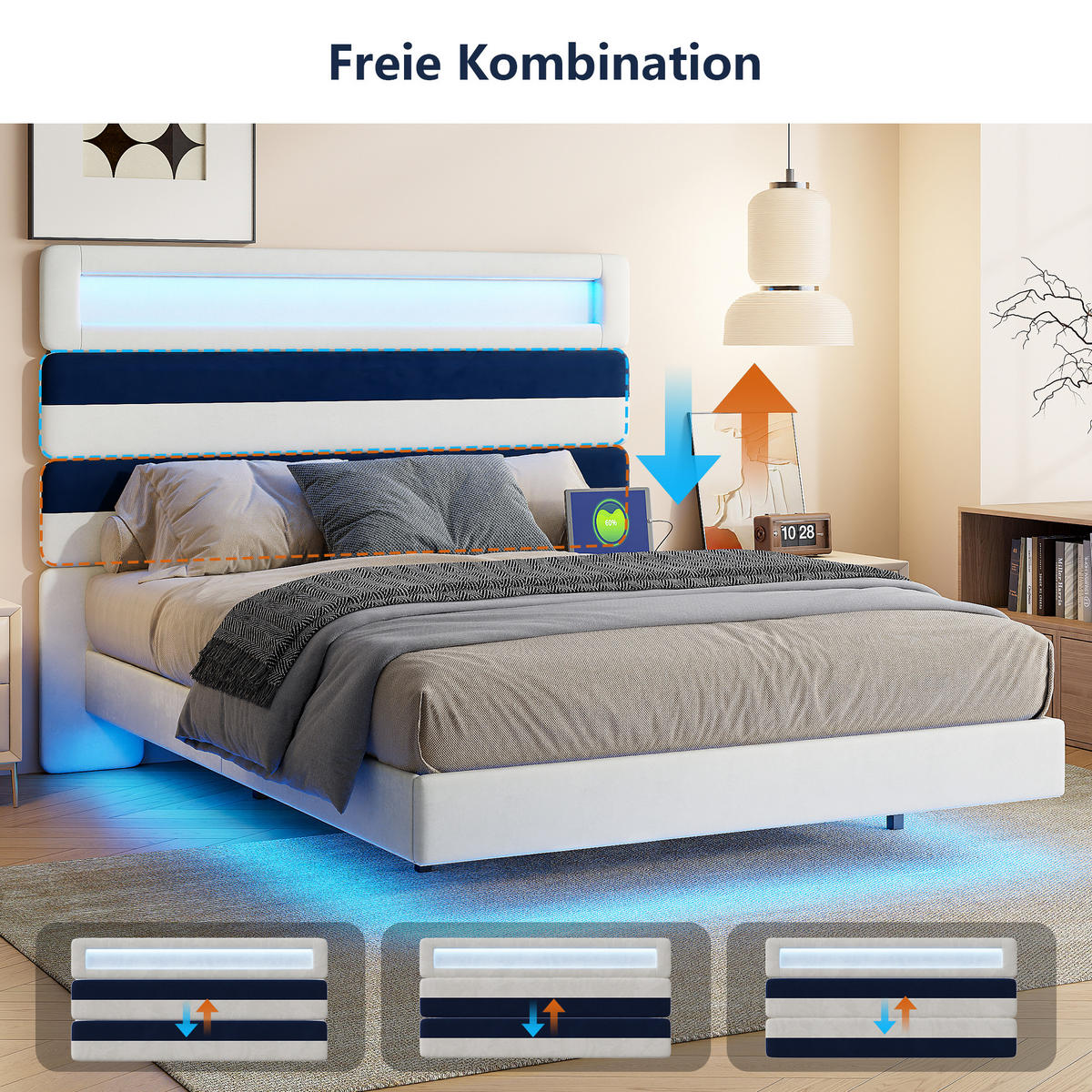 POLSTERBETT 140/190 cm mit RGB-LED-Beleuchtung am Kopfteil und unter dem Bett, USB-Anschluss, zweifarbig gestreiftes Kopfteil - Weiß, Holz/Metall (140/190cm) - Joyfair
