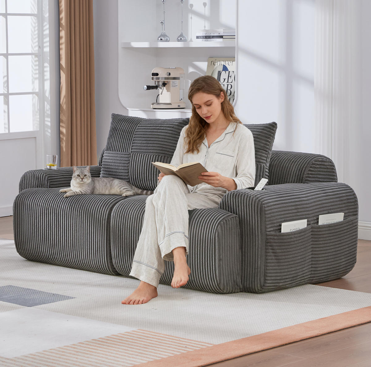 SOFA 2-Sitzer mit Cupholder 200 x 99 cm Cord Dunkelgrau - Dunkelgrau, Kunststoff (99/80/200cm) - Meubliv