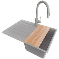 GRANITSPÜLE Kopenhagen, 2-er set Grau 70/50 cm 1 Becken + Küchenarmatur 40/20 cm + Ablauf-Set + Schneidebrett ab 40er Unterschrank - Beige/Grau, Kunststoff (70/20/50cm) - Primagran