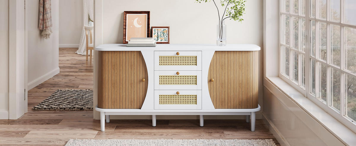 SIDEBOARD Rattan Schiebetüren gewölbt - Weiß, Holz (140.5/76/40cm) - Fortuna Lai