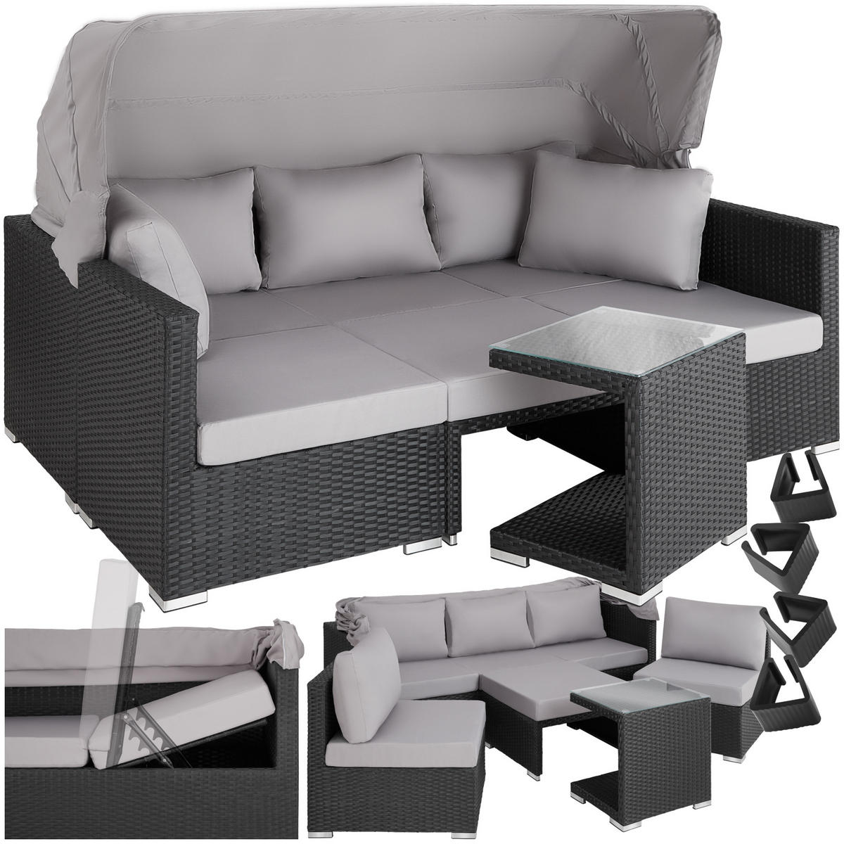 RATTANLOUNGE San Marino,mit Sicherheitsglasplatte, variabel aufstellbar,schwarz - Schwarz, Kunststoff (68/131cm) - tectake