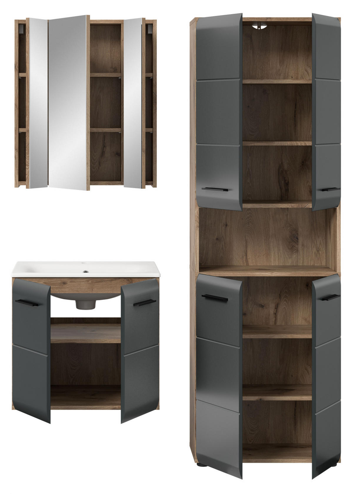 BADMÖBEL-SET 3-teilig schwarz matt, Nox Eiche, Badkombination 135 cm inklusive Waschbecken - Eichefarben/Schwarz, Glas/Holzwerkstoff (135/185/46cm) - Inn.Furn