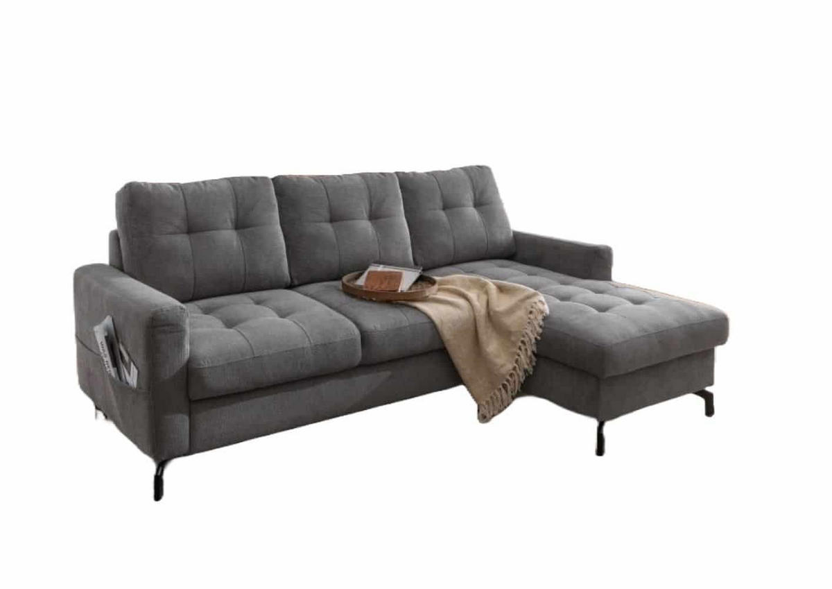 ECKSOFA mit Schlaffunktion und Bettkasten, Luxus-Mikrofaser - Dunkelgrau/Schwarz, Textil/Metall (150/230cm) - myHomelando