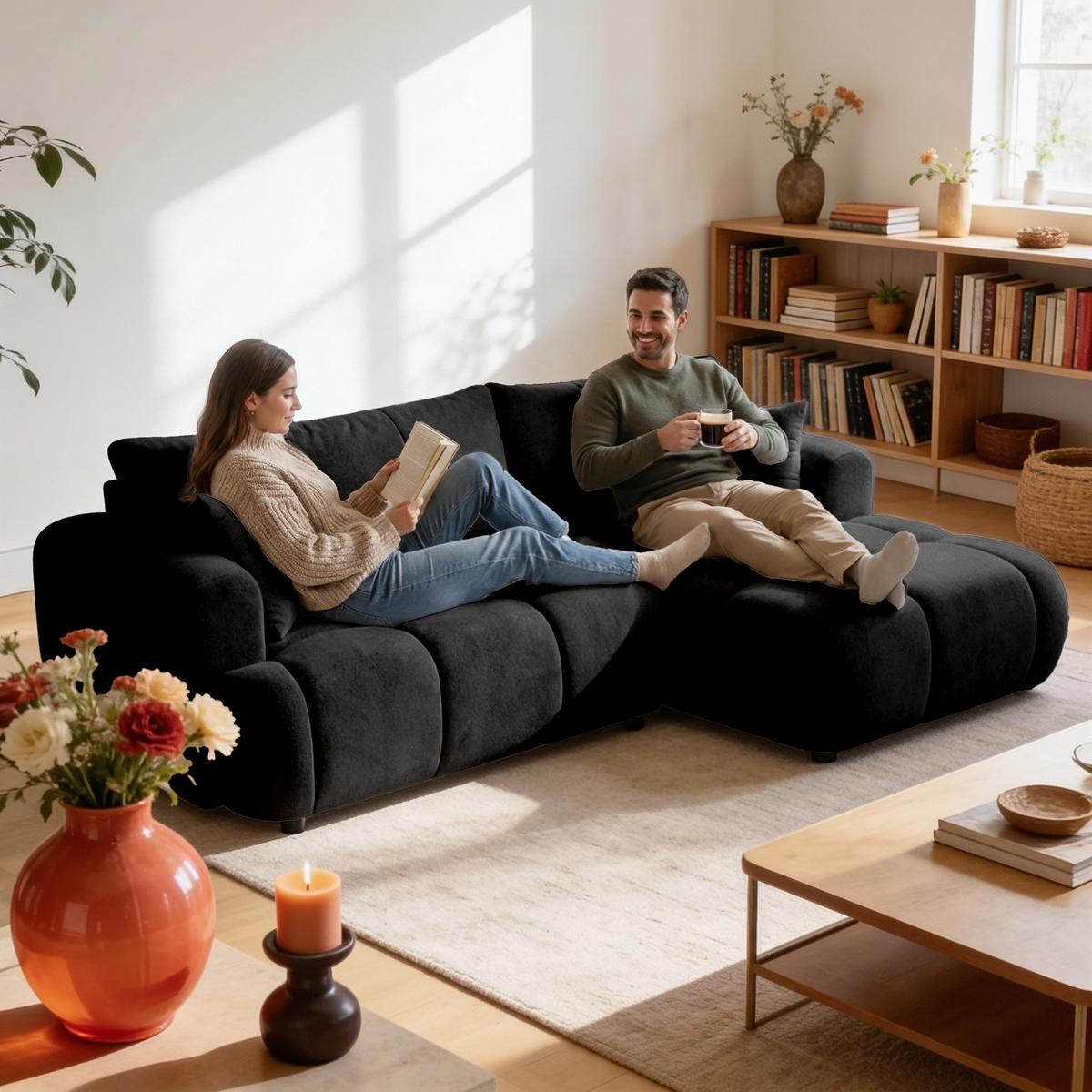 ECKSOFA CALM L Rechts mit Schlaffunktion 140x215 Webstoff schwarz - Schwarz, Holz/Kunststoff (151/261cm) - Muffo