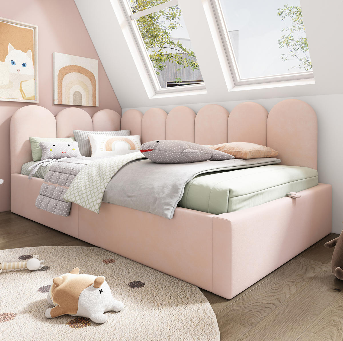 SAMT-POLSTERBETT 90/190 cm in Rosa mit Bettkasten und gepolstertem Kopfteil - Pink, Textil (90/190cm) - BEAOK