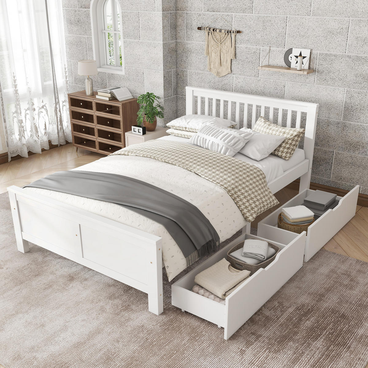 BETT 140x200 cm Holz Schubladen weiß - Weiß, Holz (140/200cm) - LEBENLANG