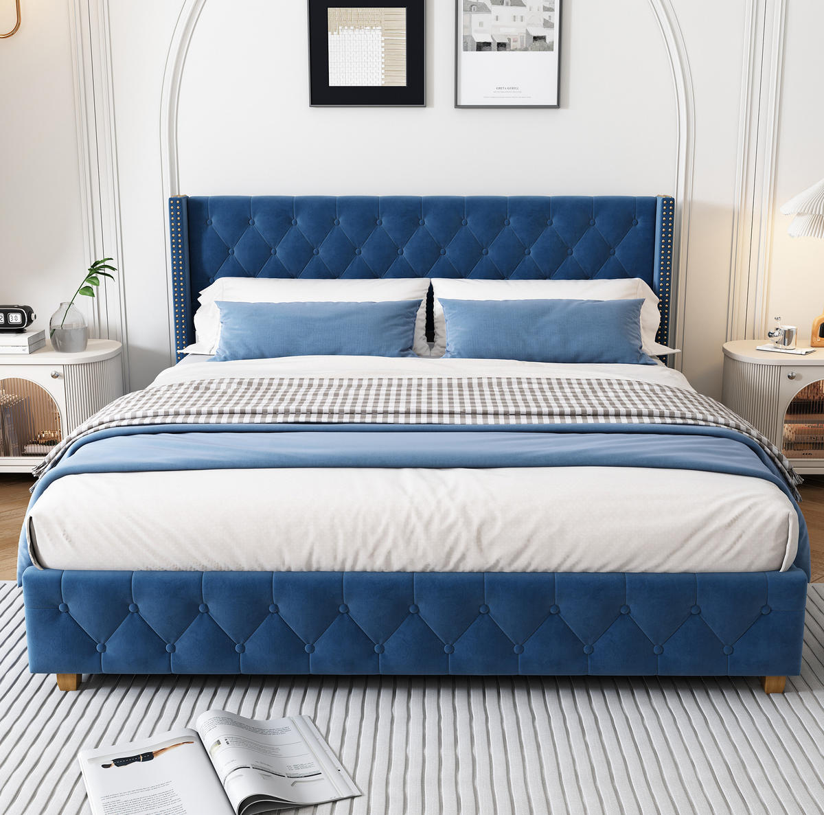 POLSTERBETT 160/200 cm mit Lattenrost, Knopfheftung & Nieten, Samtbezug in Blau - Blau, Textil (160/200cm) - Redom
