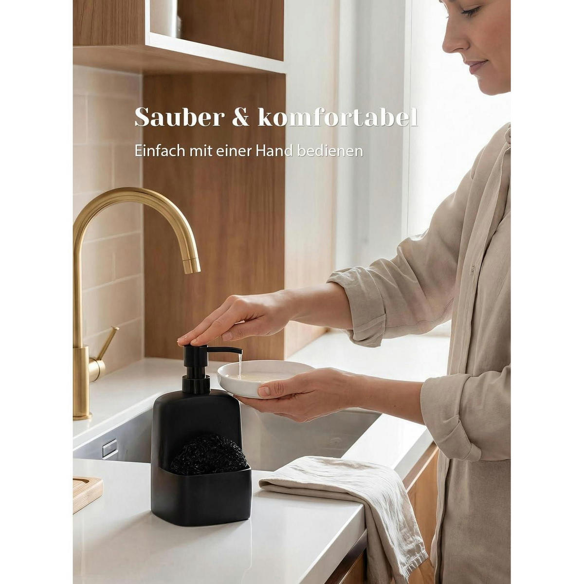 SEIFENSPENDER mit Schwammhalter Keramik Matt Schwarz 600ml - Schwarz, Keramik (10.5/20/9.5cm)