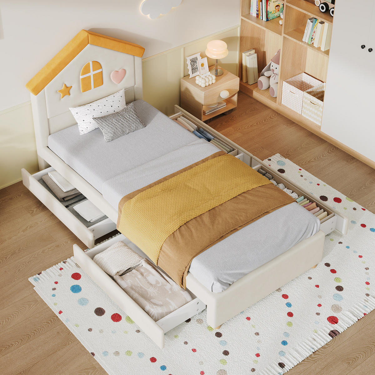 KINDERBETT aus Samt 90x200 cm Beige mit 4 Schubladen, Hauskopfteil und gepolstertem Design - Beige, Textil (90/200cm) - Modfu