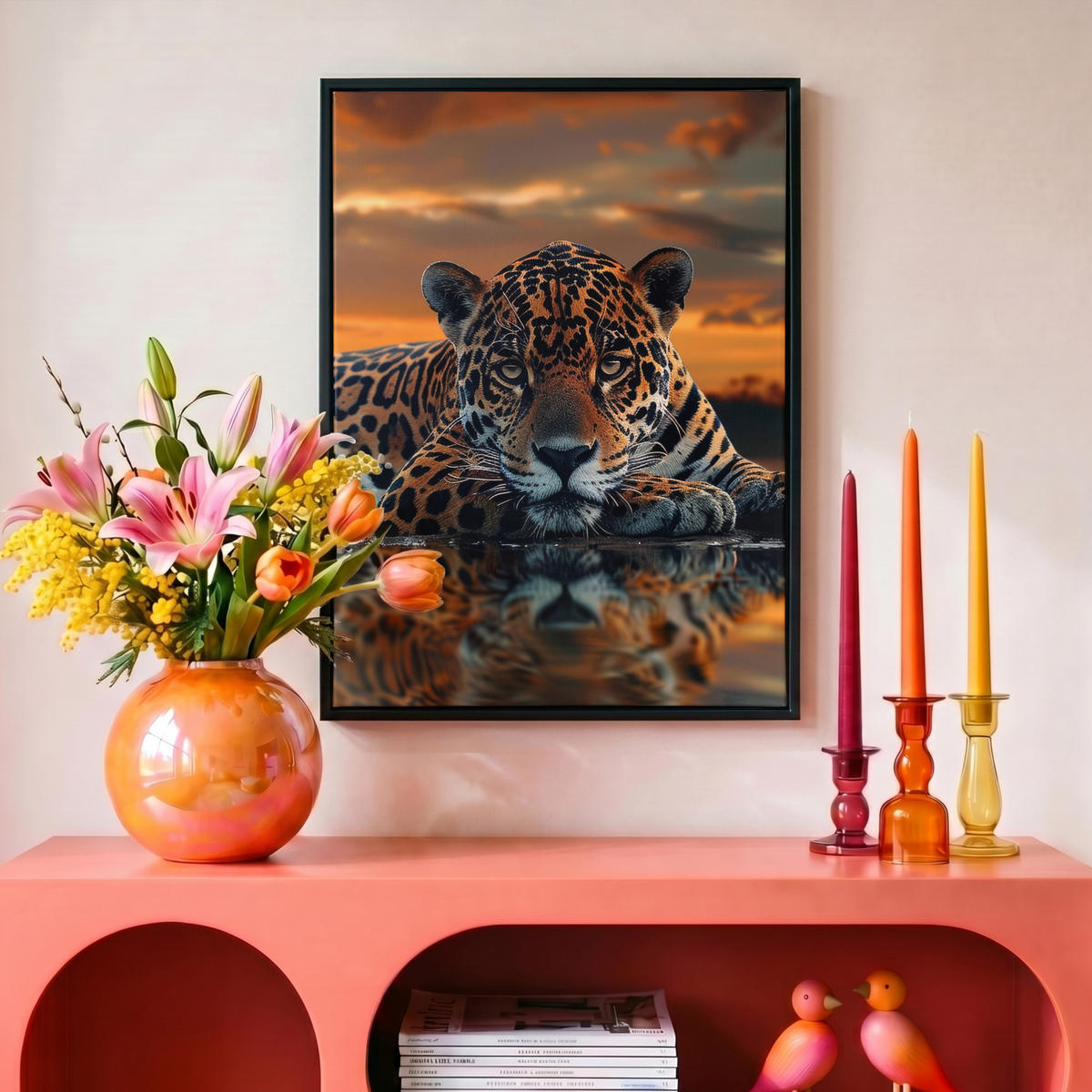 LEINWAND Bilder mit Rahmen - Natur - Leopard - Tier - Sonnenuntergang - Modern - 30x40 - Orange, Textil (30/40cm) - MuchoWow