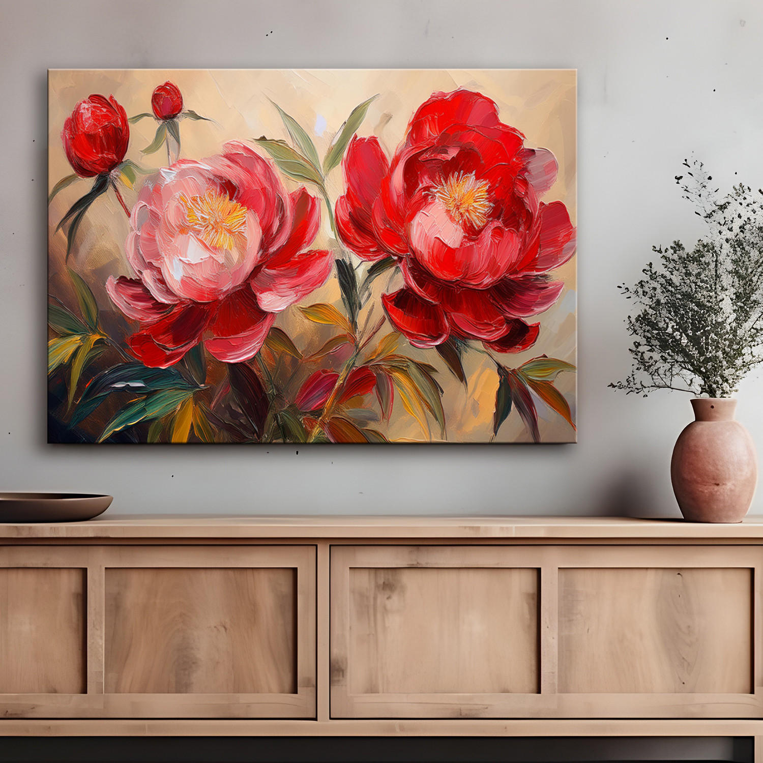 WANDBILD rote pfingstrosen blumen pflanzen gemalt - Rot, Textil (60/40cm) - Feeby