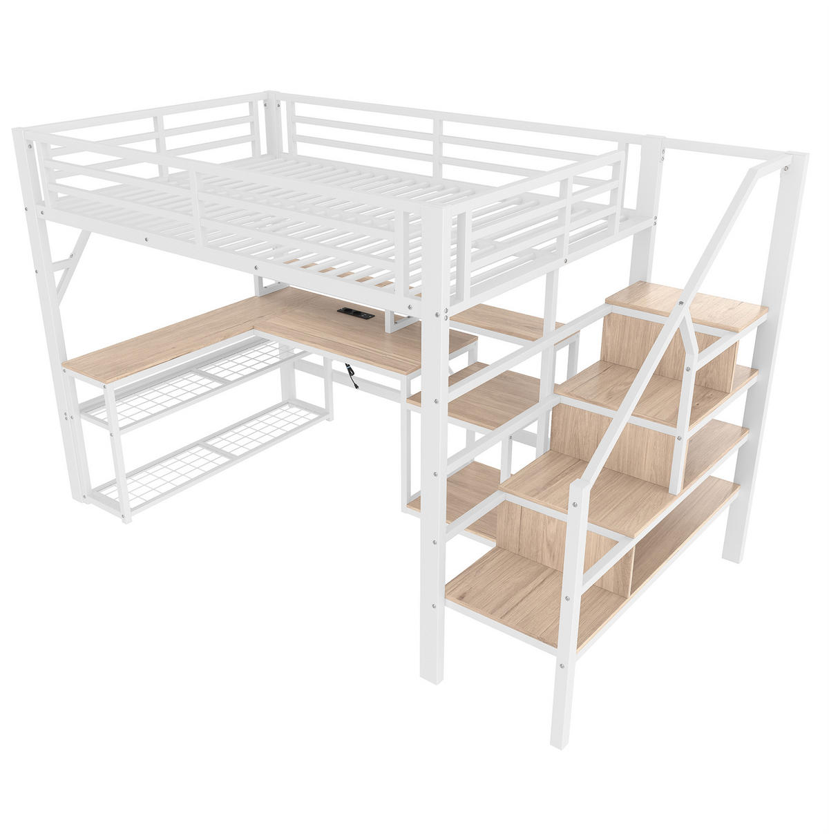 HOCHBETT aus Metall 140x200 cm Weiß mit LED-Lichtleiste, USB-Anschluss, Schreibtisch und Treppe mit Stauraum - Weiß, Metall (140/200cm) - Modfu