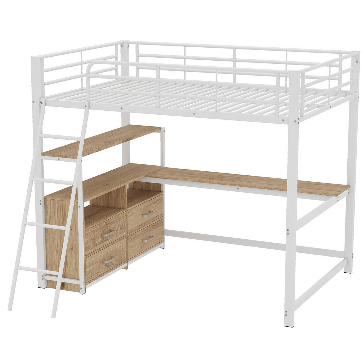 HOCHBETT 140/200 cm, Weiß mit L-förmigem Schreibtisch und 4 Schubladen - Weiß, Metall (140/200cm) - MIVRAY