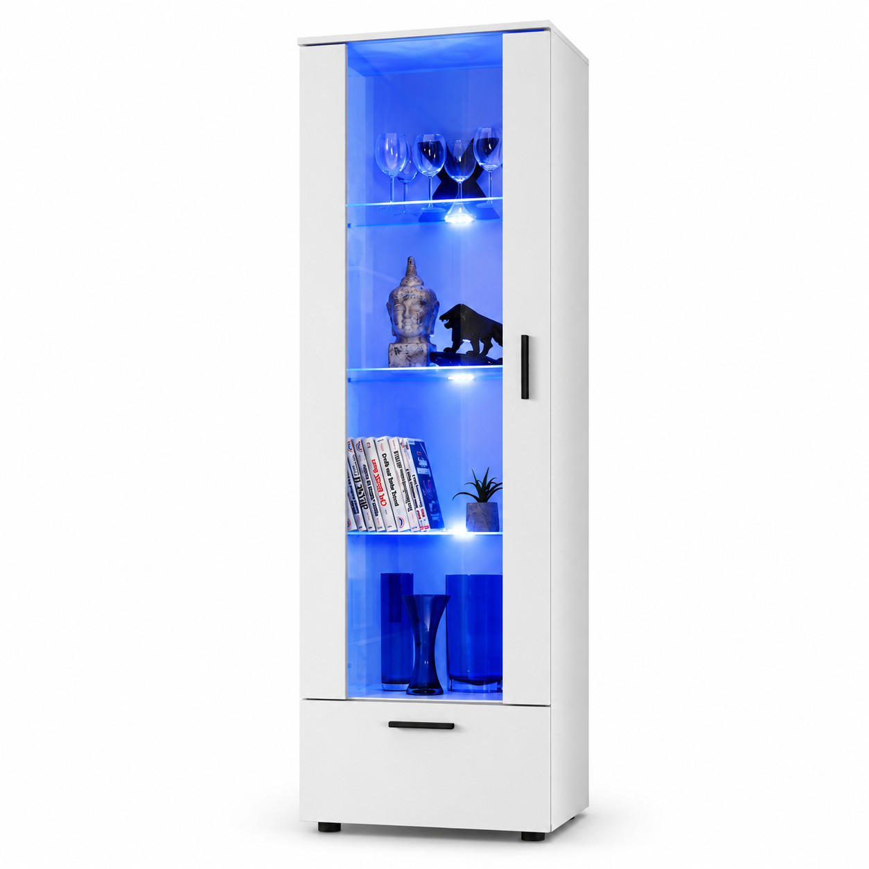 VITRINE ALESSANDRIA, Weiss, LED Blau - Schwarz/Weiß, Glas/Holzwerkstoff (60/192/42cm) - Komodee
