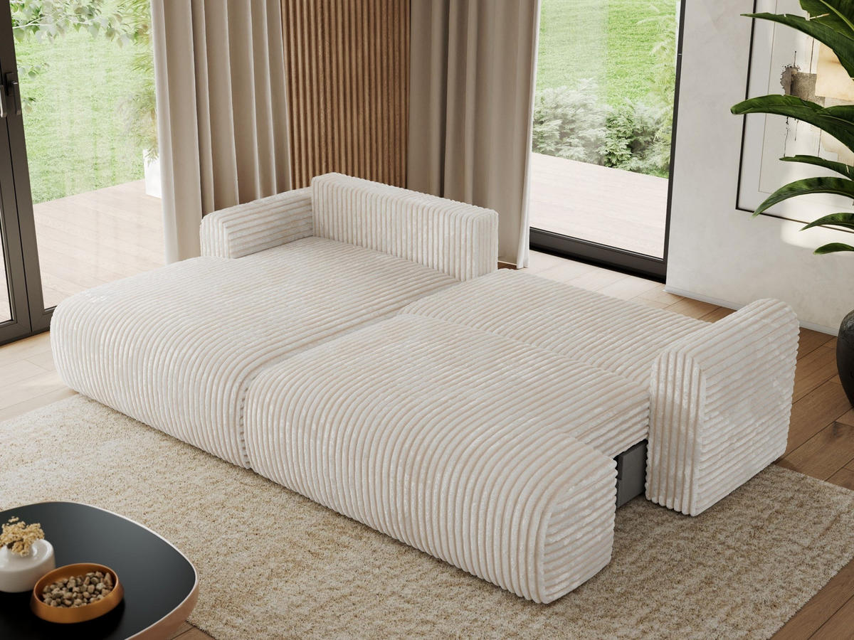 ECKSCHLAFSOFA TONO L Creme Cord - links - Creme/Schwarz, Kunststoff/Textil (260/150cm) - MKS
