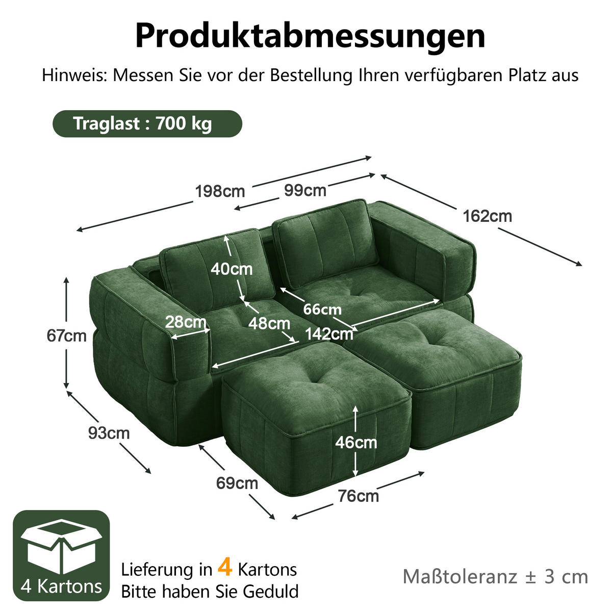 2-SITZER-SOFA DE-34428 modular mit 2 Hockern Grün - Grün, Textil (162/67/198cm) - ComfortXL