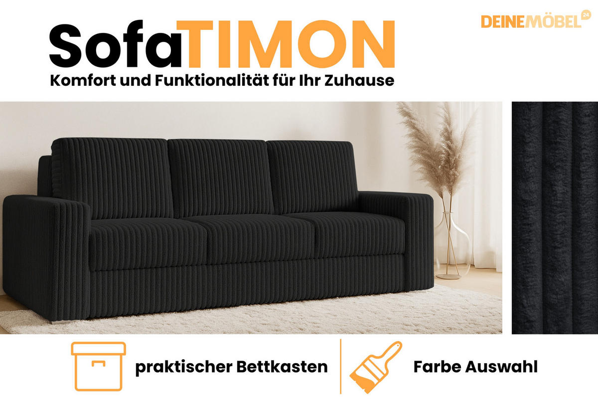 SOFA TIMON 245cm breit in Cord Schwarz - Schwarz, Holz/Holzwerkstoff (245/90/92cm) - Deine Möbel 24