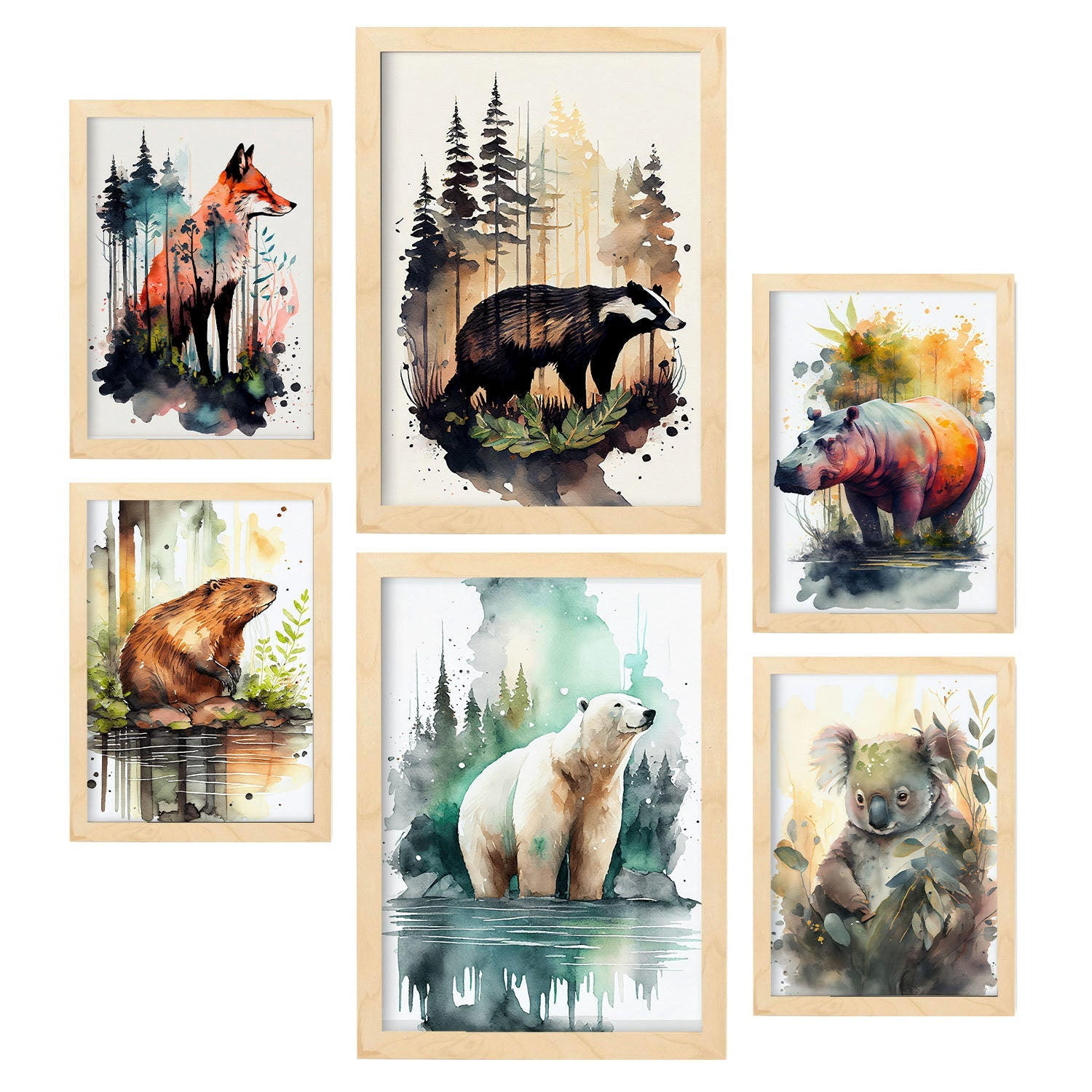 POSTER Set Mit 6 Unabhängige Kreaturen Illustrationen Von Tieren In Naturlandschaften, Realistischer Aquarellstil A3 & A4 Rahmen Aus Hellem Holz - Beige, Papier (29/3cm) - Nacnic