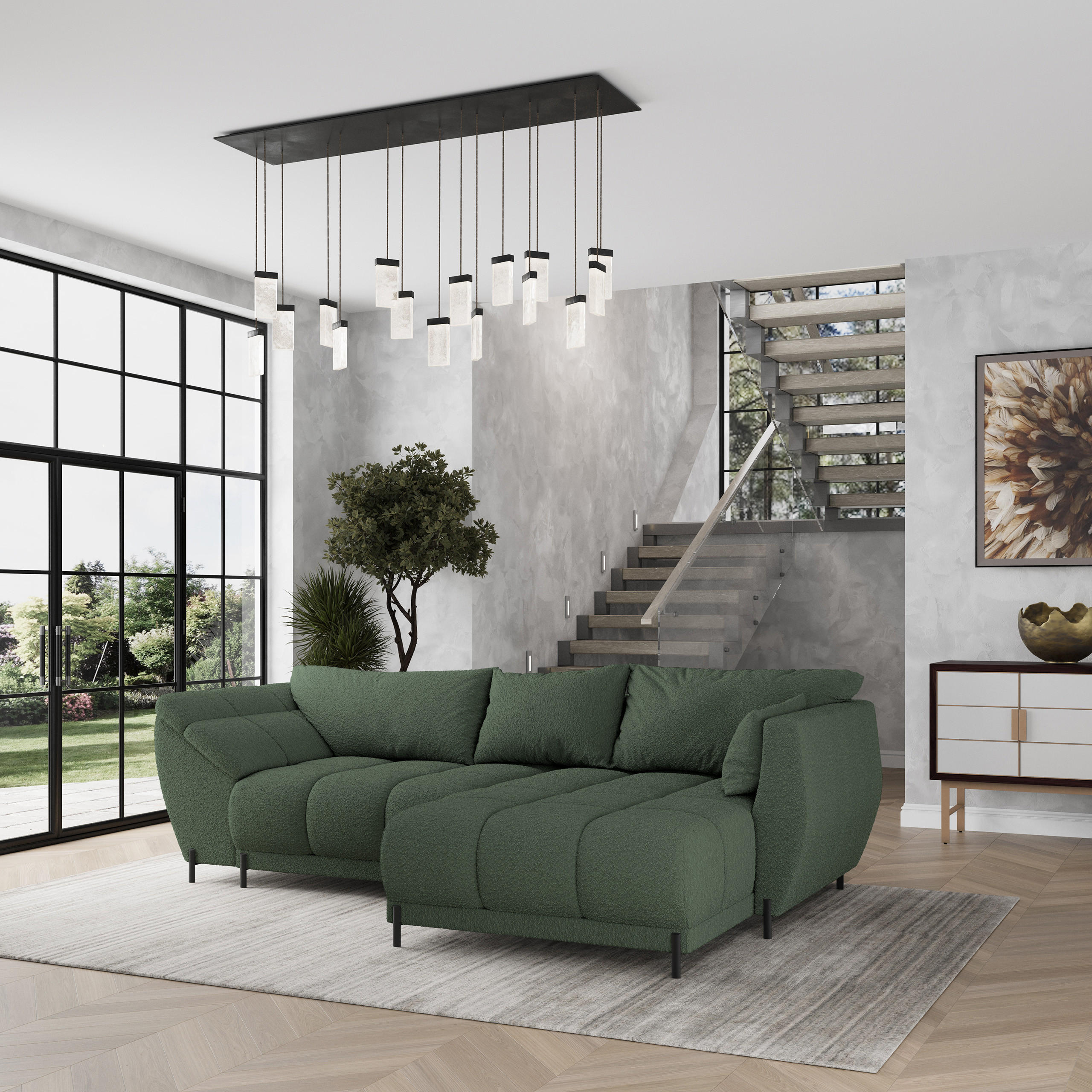 ECKSOFA VESTANO R-S Grün Boucle-Stoff mit Schlaffunktion - Grün, Holz (287/182cm) - MASSENO