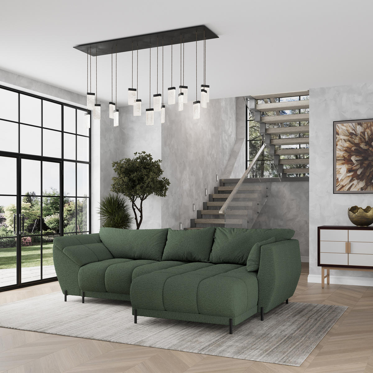 ECKSOFA VESTANO R-S Grün Boucle-Stoff mit Schlaffunktion - Grün, Holz (287/182cm) - MASSENO