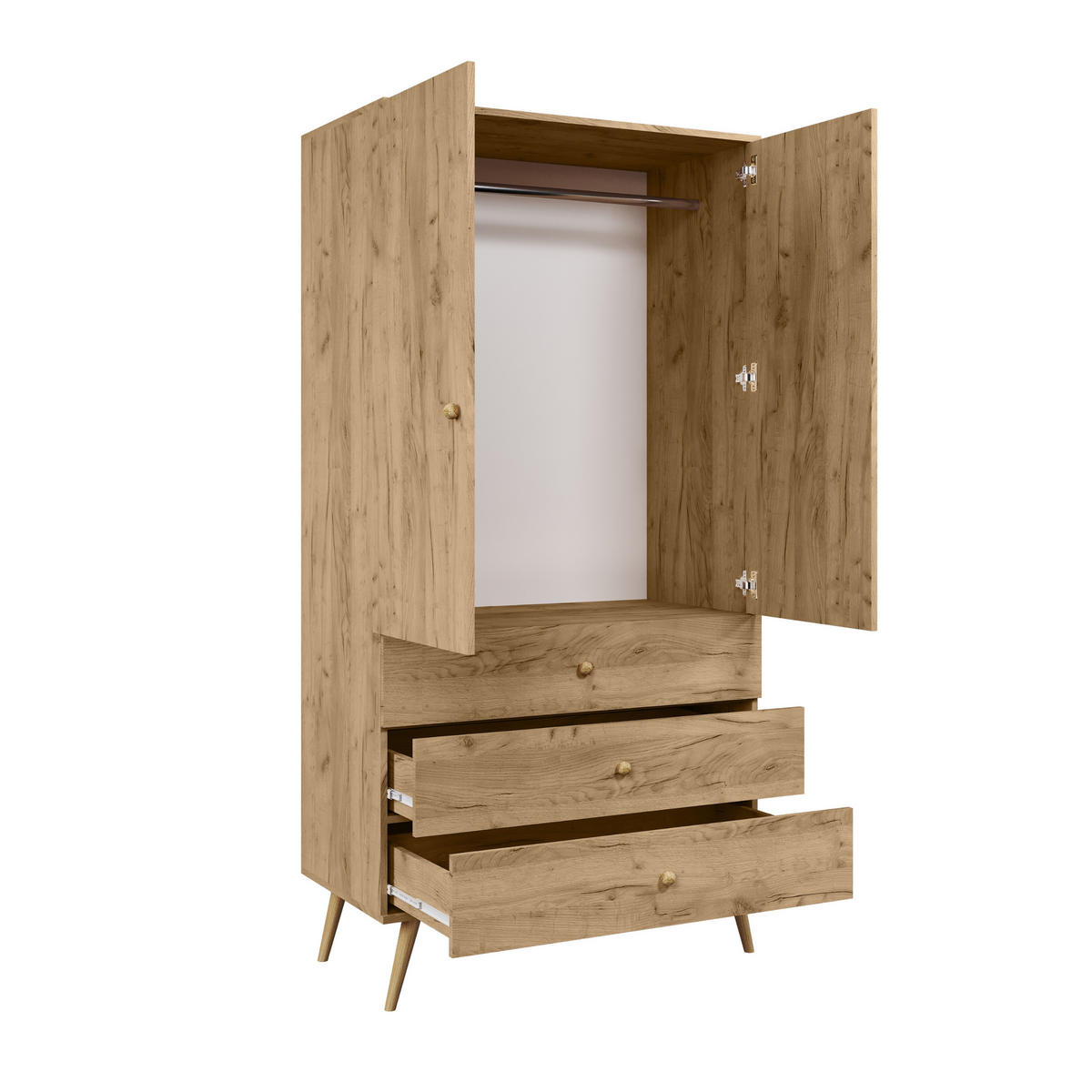 KLEIDERSCHRANK NATURA, 100 cm, Eiche Craft Gold, mit 3 Schubladen - Naturfarben, Holz (100/202/52cm) - Excellent Home