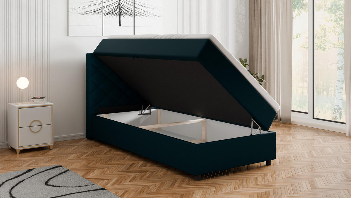 BOXBETT Diamaro 100x200 cm mit Bettkasten und Topper - Dunkeltürkis - Türkis, Holz (100/200cm) - Panda Möbel