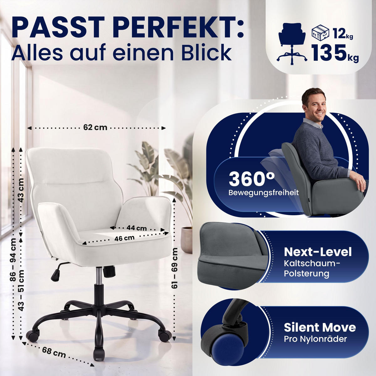 DREHSTUHL Samt Creme - Creme/Schwarz, Textil (62/86/68cm) - CLP