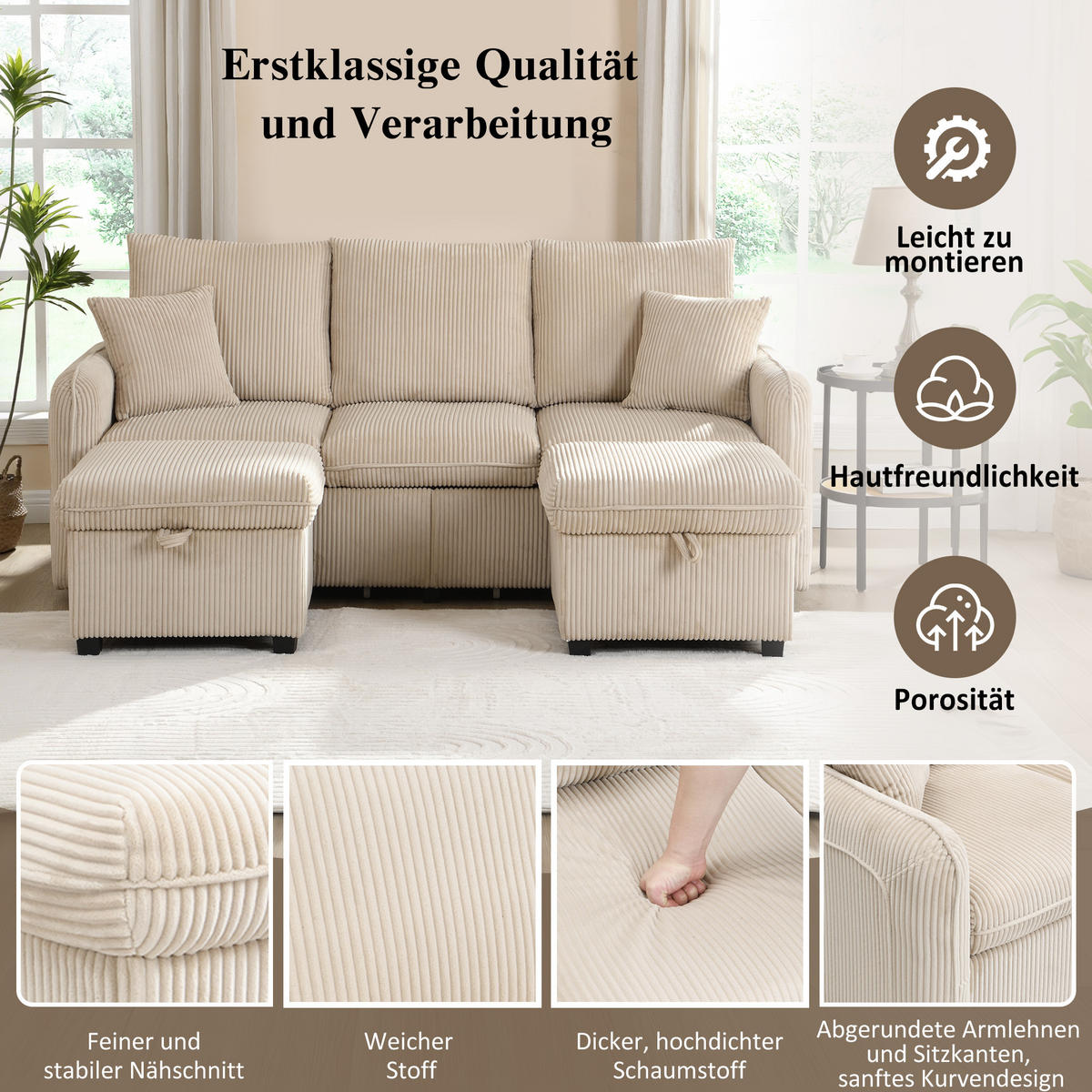 ECKSCHLAFSOFA 3-Sitzer Cord mit Stauraum und 2 Hocker Beige 188/186/86 cm - Beige, Textil (186/188cm) - Redom