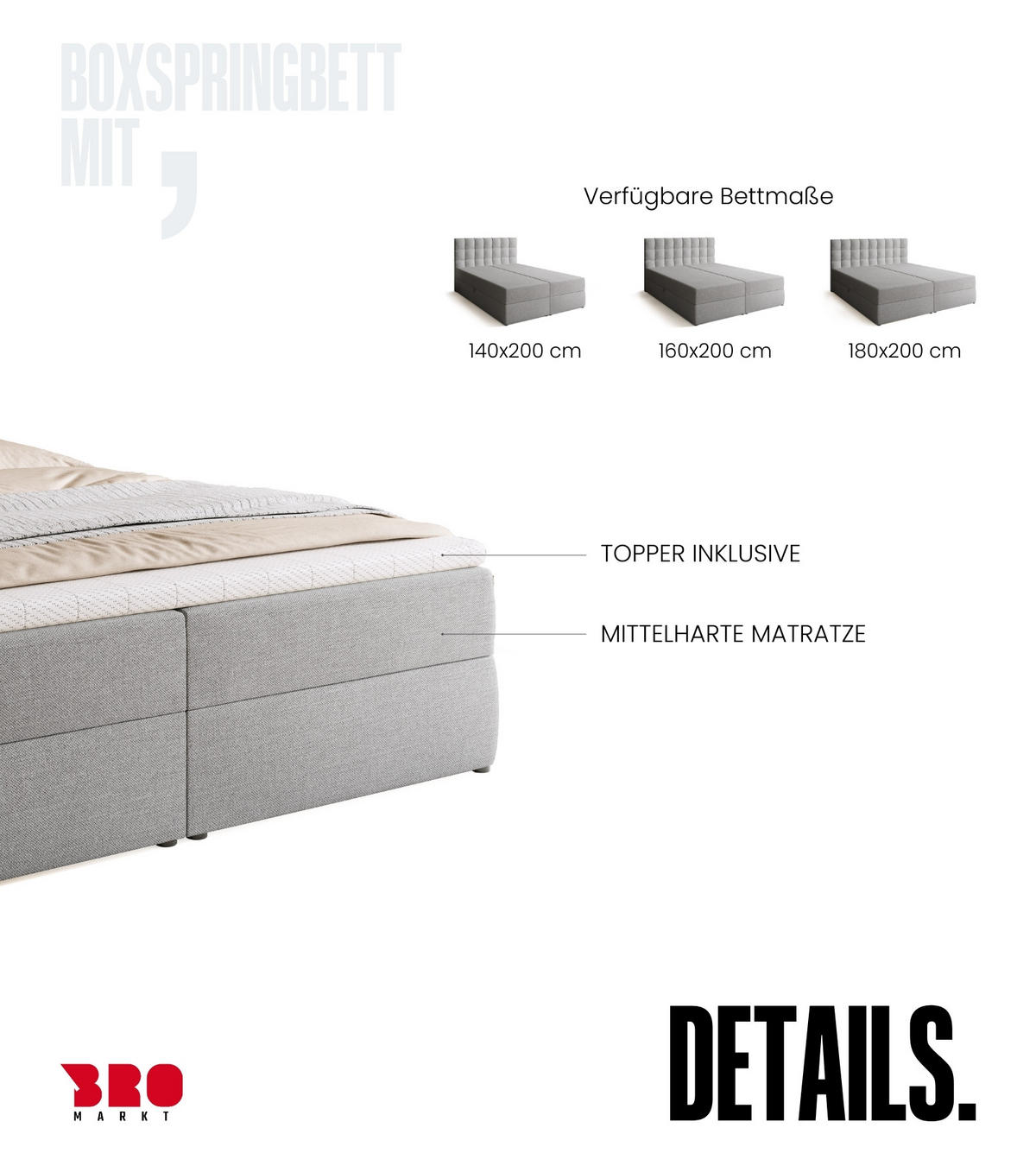 BOXBETT Detroit mit Topper 180/200 Hellgrau - Hellgrau, Holzwerkstoff/Textil (180/200cm) - Bromarkt