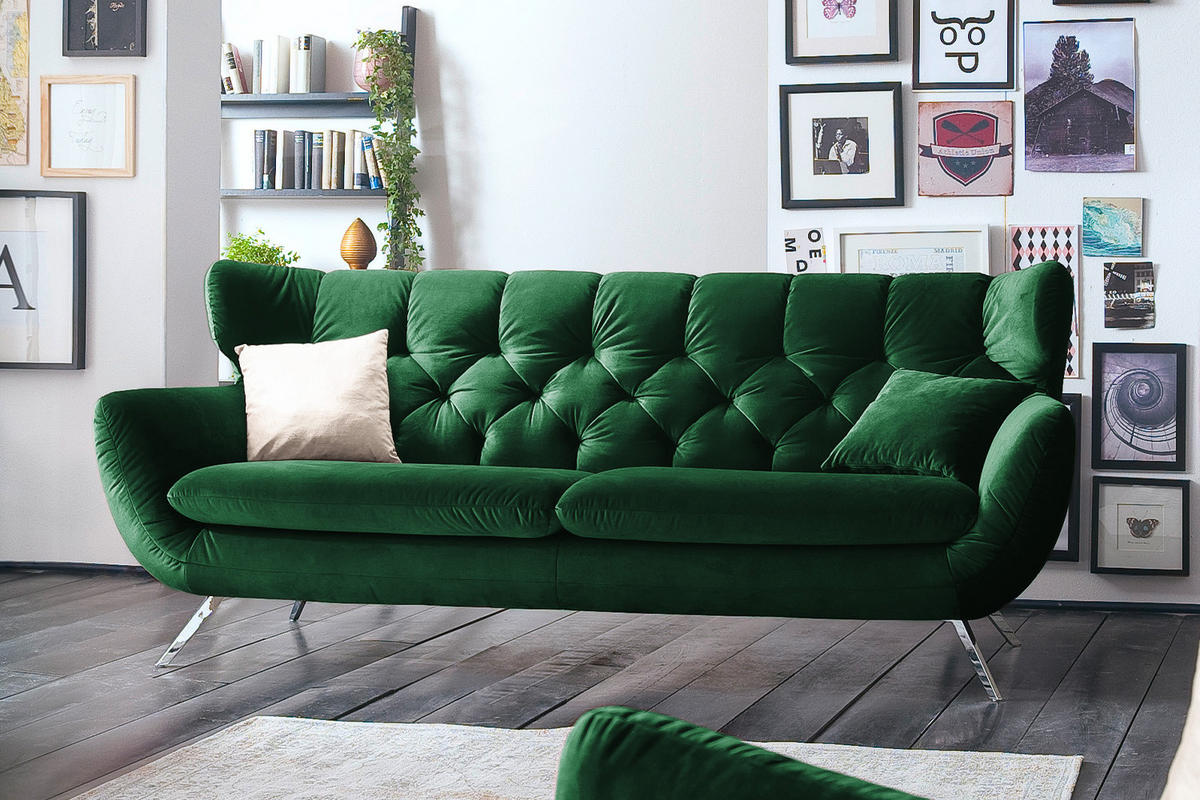 SOFA CHARME Smaragdgrün Velvet - Smaragdgrün/Dunkelbraun, Textil (225/94/95cm) - KAWOLA
