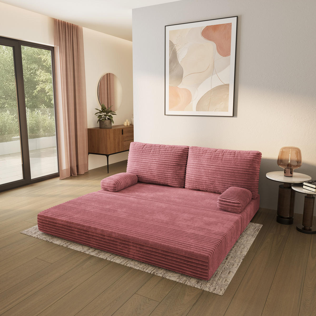 POHOVKA z pěny SILAR s funkcí spaní Manšestrová látka Pudrově růžová - starorůžová/růžová, textil (170/86/80cm) - MASSENO