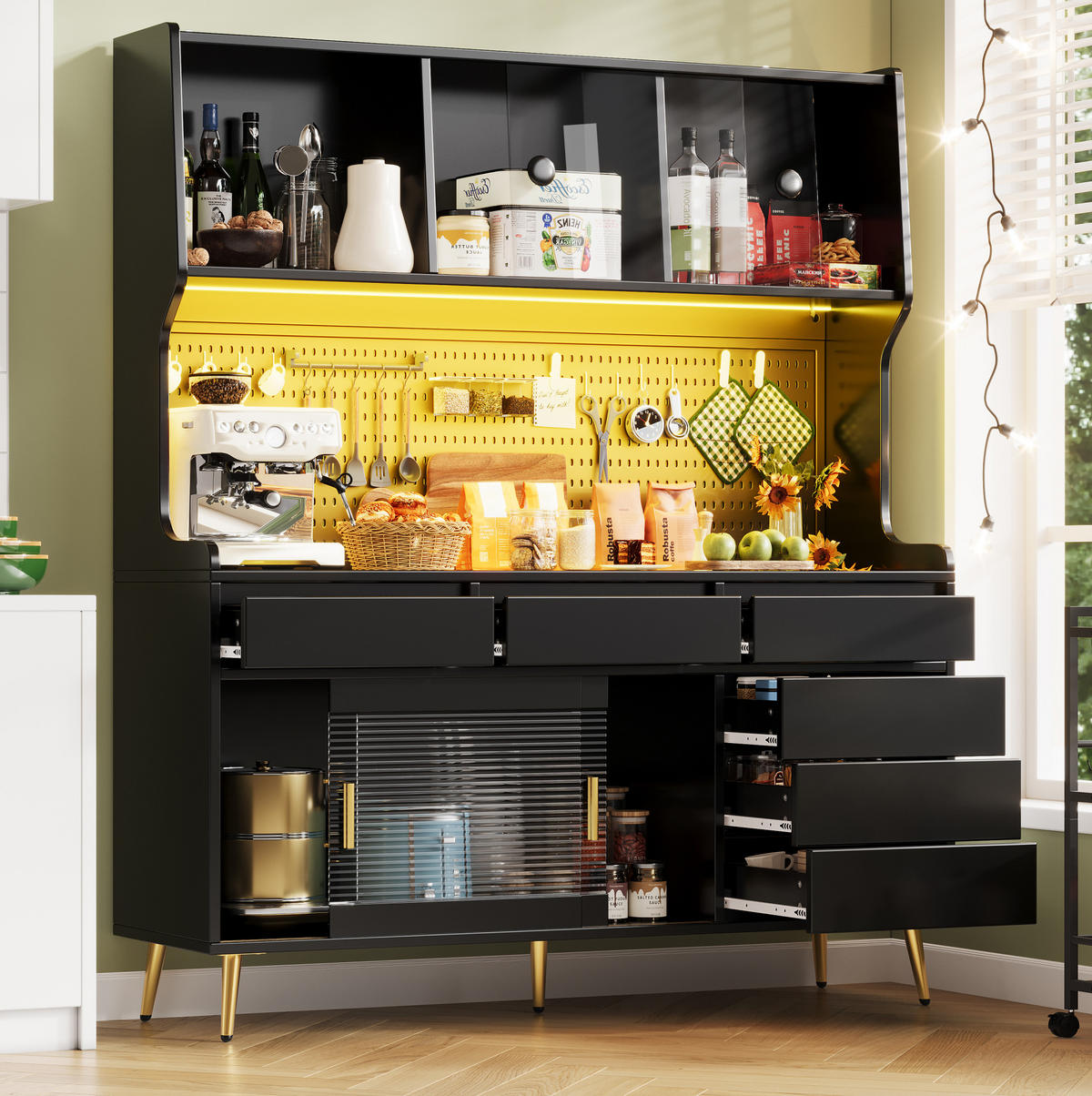 BUFFET 145/171/39 cm Schwarz aus MDF und Glas mit LED-Beleuchtung - Schwarz, Holzwerkstoff (39/171/145cm) - OKMYHOME