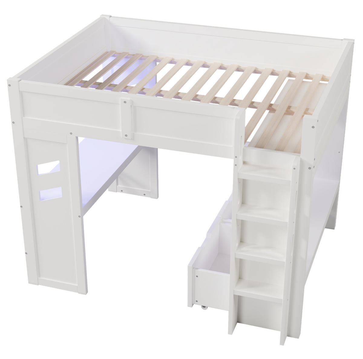 HOCHBETT 140/200 cm, Weiß mit Schreibtisch, LED-Lichtleiste - Weiß, Holz (140/200cm) - MIVRAY