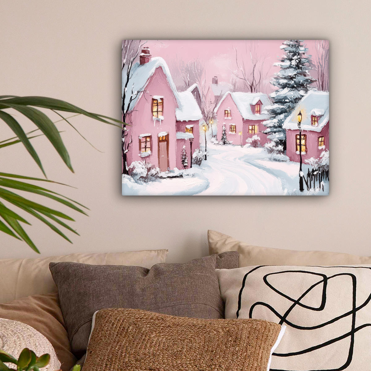 LEINWANDBILD Weihnachtsdorf - Rosa - Winter - Schnee - Häuser Wandbild 40x30 cm - Altrosa, Textil (40/30cm) - MuchoWow